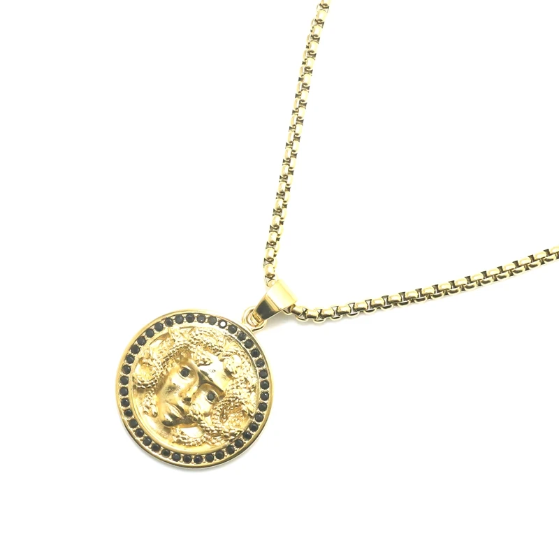 Unisex 316L Stainless Steel Cool Gold-Color Medusa Clean Stone Pendant Free Chain 2