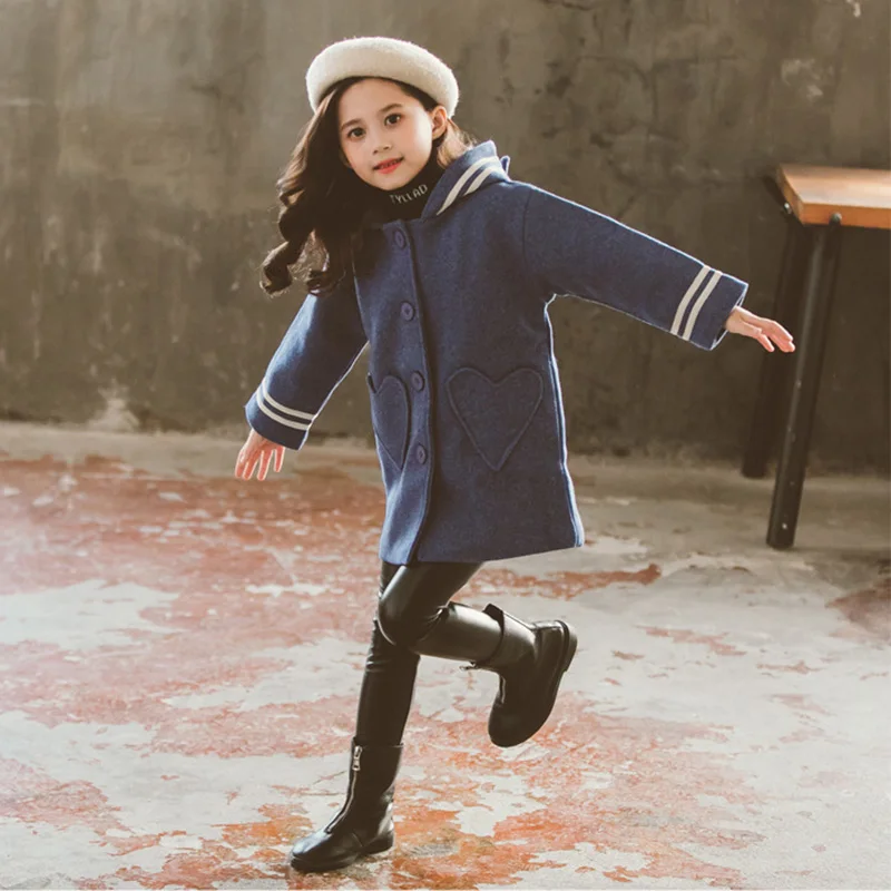 Зимнее шерстяное пальто для девочек; Длинная Куртка для девочек; Модное детское зимнее теплое пальто с капюшоном; Одежда для девочек; детская верхняя одежда; От 4 до 13 лет