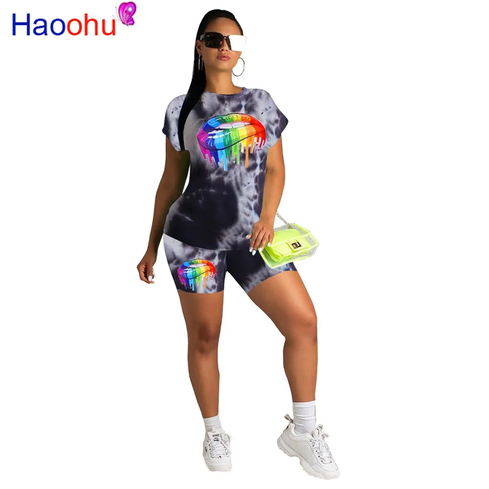 

HAOOHU 2019 Women summer tie dye galaxy colorful mouth print short sleeve tee top suit two piece set sporty tracksuit outfit