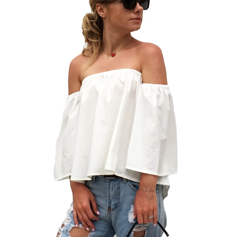 

Fashion Solid Color Off Shoulder Slash Neck Crop Tops Women Summer Casual Flare Sleeve Short Shirts Lady 2019 New