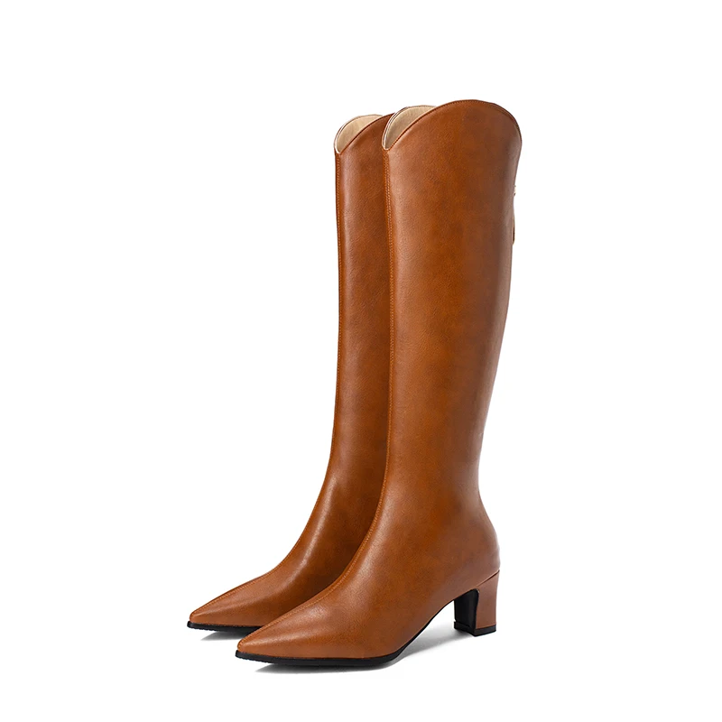 ENMAYER/ г. Зимняя обувь женские высокие сапоги до колена из PU искусственной кожи, без шнуровки, с острым носком зимние сапоги на квадратном каблуке Женская обувь, размеры 34-43