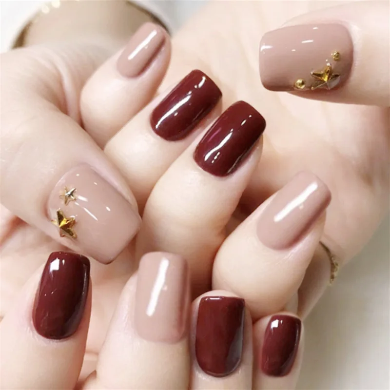

Wine Red Pink Jump Color Square Fake Nail Small Rivet Litter Star Nail Decoration Full Cover Square Head Nail Tips Manicure Tool