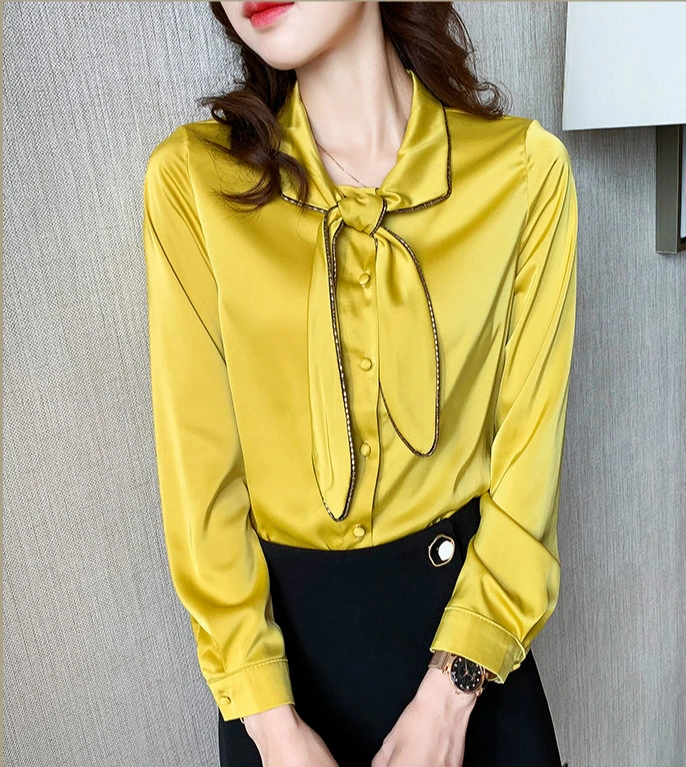 Camisas de satén amarillas para mujer, blusas de manga larga con pajarita de satén, a la moda, Primavera|Blusas y - AliExpress