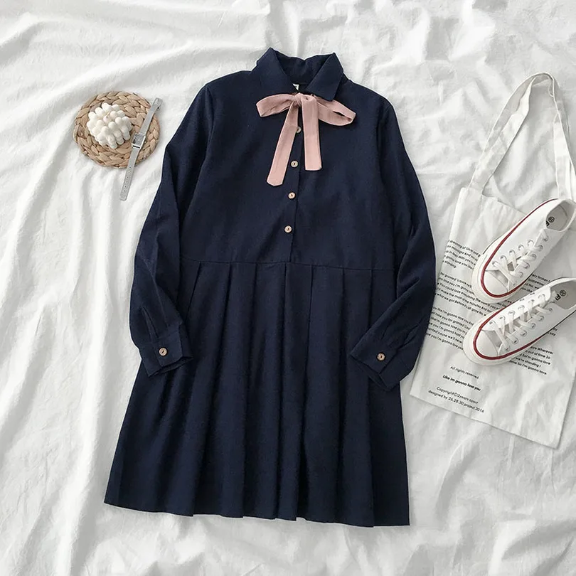 

TYHRU Fall Winter Women's Solid Color Stand Collar Bow Long Sleeve Single Breasted Pleated Dress
