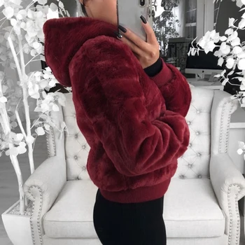 

New Faux Fur Women Coat With Hood High Waist Fashion Slim Black Red Pink Faux Fur Jacket Fake Rabbit Fur Coats 2020