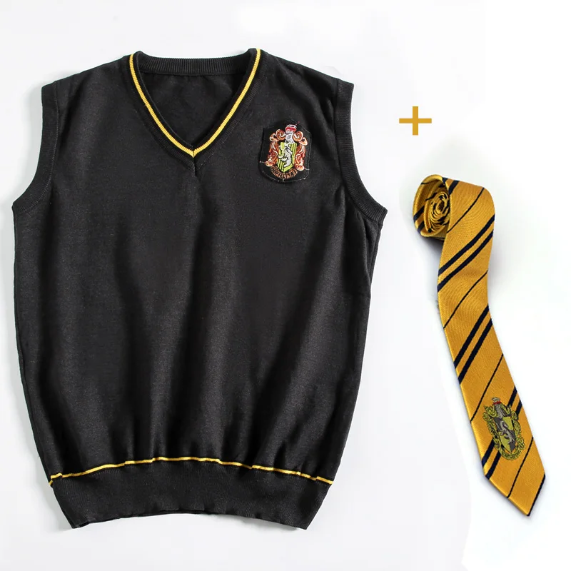 Свитер Гермионы для косплея Гриффиндор Слизерин Ravenclaw Hufflepuff свитер с галстуком жилет универсальная повседневная одежда Potter Cos - Цвет: Hufflepuff Logo Tie