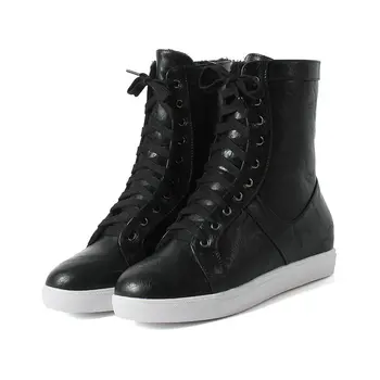 

2021 New Square Middle Heel Women Boots Autumn Winter Casual Lace Up Ankle Boots PU Leather Round Toe Ladies Shoes Size 34-42