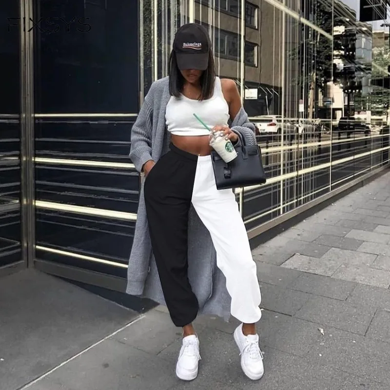 

FIXSYS 2020 Autumn New Women's Street High Waist Black White Contrasting Color Stitching Beam Casual Pants