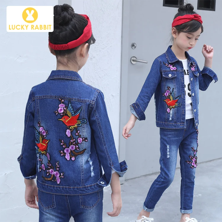 Boutique Kids Spring Autumn Floral Two Piece Outfit Embroidery Purple Flowers Jacket Girls Denim Matching Jeans Set