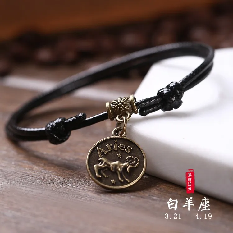 Women Vintage Black Rope Chain Anklets 12 Constellations Couple Bohemian Ankle Bracelet Lovers Accessories Boho Foot Jewelry - Окраска металла: Aries