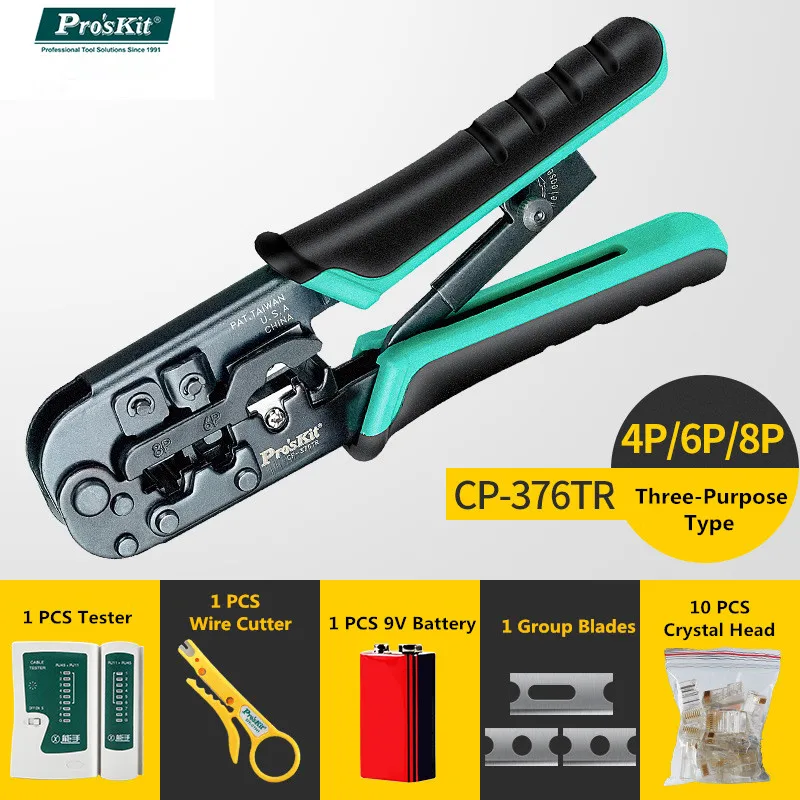 

Proskit CP-376TR 4P/6P/8P Telecom Crimping Tool with Wire cutter, tester, Crystal Head Wiring tools set