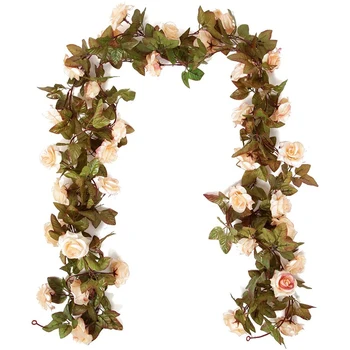 

6PCS Artificial Rose Vine Garland Hanging Fake Roses Home Garden Office Wedding Reception Decoration Champagne