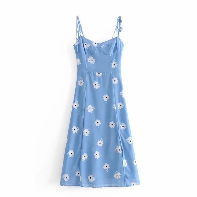 Синий Sexy sleeveless vintage leopard print white midi dress women Summer cami backless Split party dress Korean clothes vestidos - Цвет: Синий