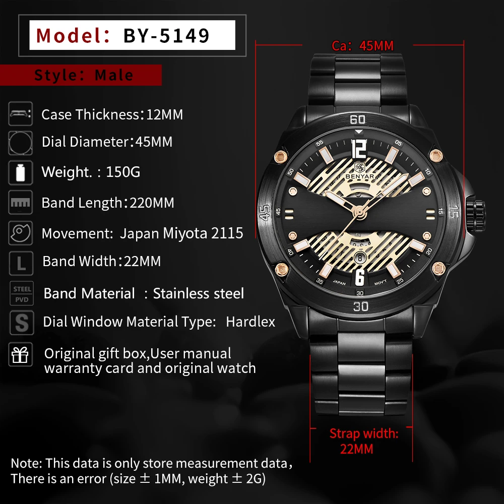 BENYAR BY-5149 Men's Watch Stainless Steel Band Machinery Sport Quartz Watch 