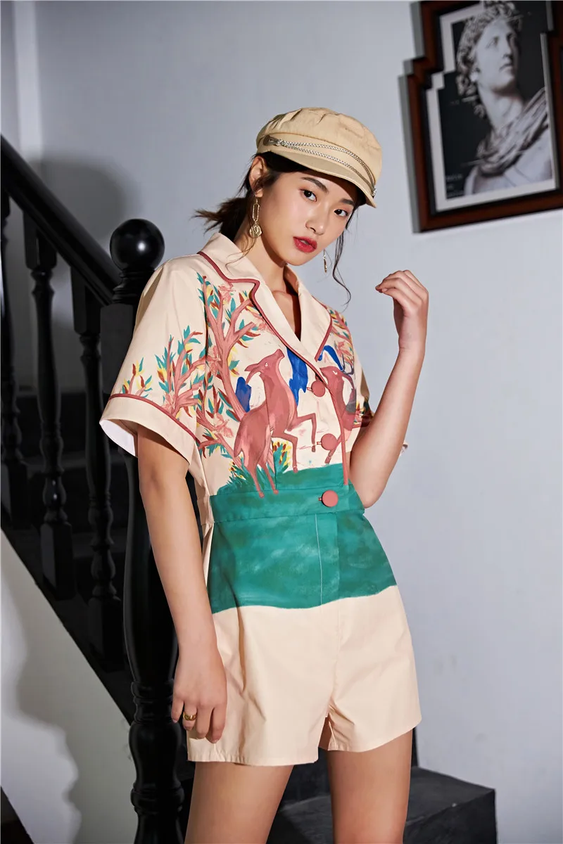 LANMREM turn-down collar half sleeveles boy friend styles short jumpsuit printed high waist buttons sexy clothing WM08609XL LANMREM turn-down collar half sleeveles boy friend styles short jumpsuit printed high waist buttons sexy clothing WM08609XL