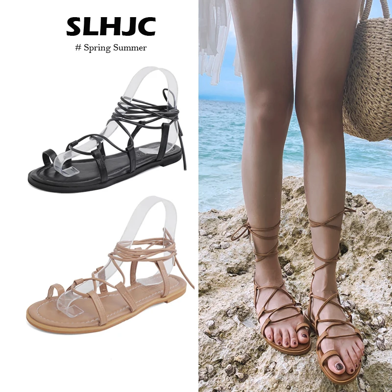SLHJC Lace-Up Sandals Summer Casual Holiday Beach Tie Up Dress Ankle Strap Flat for Women | Обувь