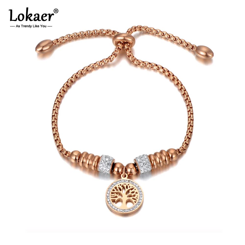 Lokaer Titanium Stainless Steel Mosaic Crytal Tree Charm Bracelets For Women Rose Gold Adjustable Chain &amp Link Bracelet B20055 |