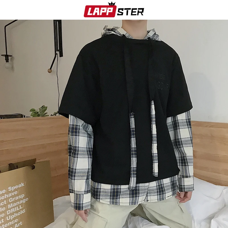 

Harajuku Plaid Hoodies 2019 Hip Hop Patchwork Hooded Hoodie Sweatshirts Men Korean Black Sweatshirt Fake Two Pieces 5XL