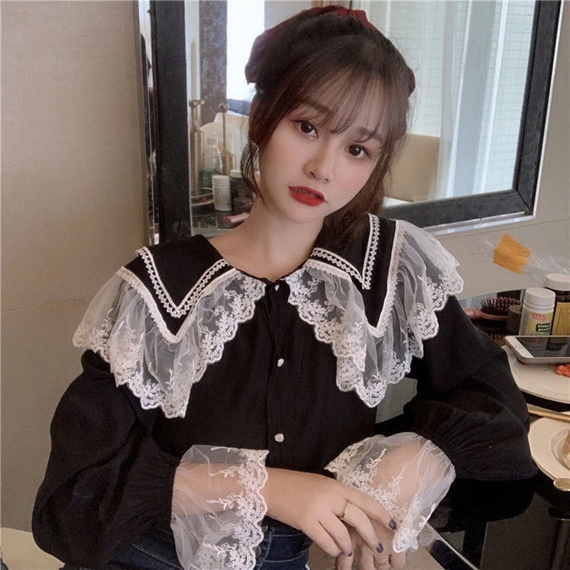 

French Vintage Doll Collar Shirt Women Trend Korean Chiffon Cute Lace Patchwork Button up Lolita Blouse Preppy Top Long sleeve