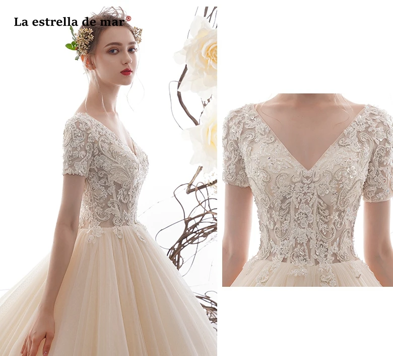 Vestido de noiva new sexy V neck short sleeve crystal Crystal luxury champagne wedding dress Ball Gown Dubai bride dress Royal T