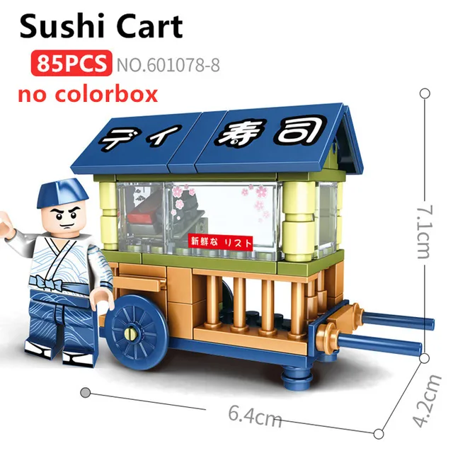 SEMBO Blocks Mini City Street Food Sushi Shop Store MOC Building Blocks Kids Educational Toys for Girl Boy Gift Juguetes Bloques Sushi Cart-nobox