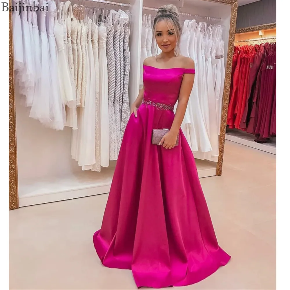 Baijinbai Атласное Вечернее Платье Vestidos de fiesta с карманами из бисера цвета фуксии, вечерние платья, женские элегантные вечерние платья для выпускного вечера