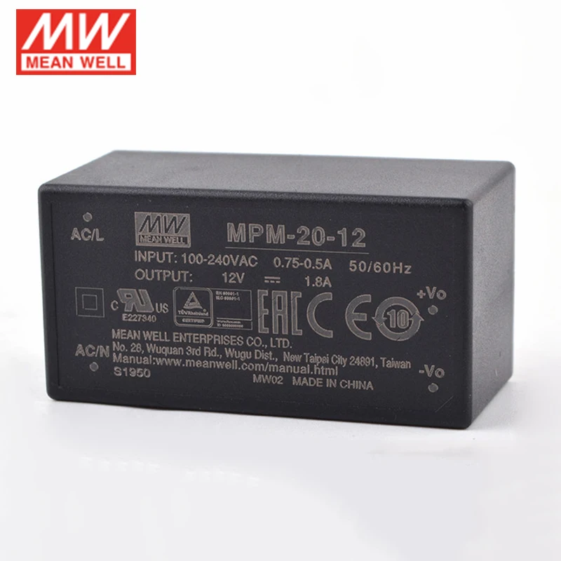 MEAN WELL MPM-20 5V/4A 12V/1.8A 15V/1.4A 24V/0.9A 20W Медицинский инкапсулированный переключатель