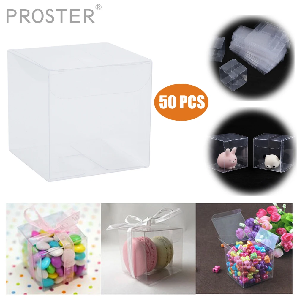 

Proster 50 PCS Clear boxes For PVC Transparent Clear Macaron Square Cube Boxes For Wedding Favour Gift Candy Clear DIY Box