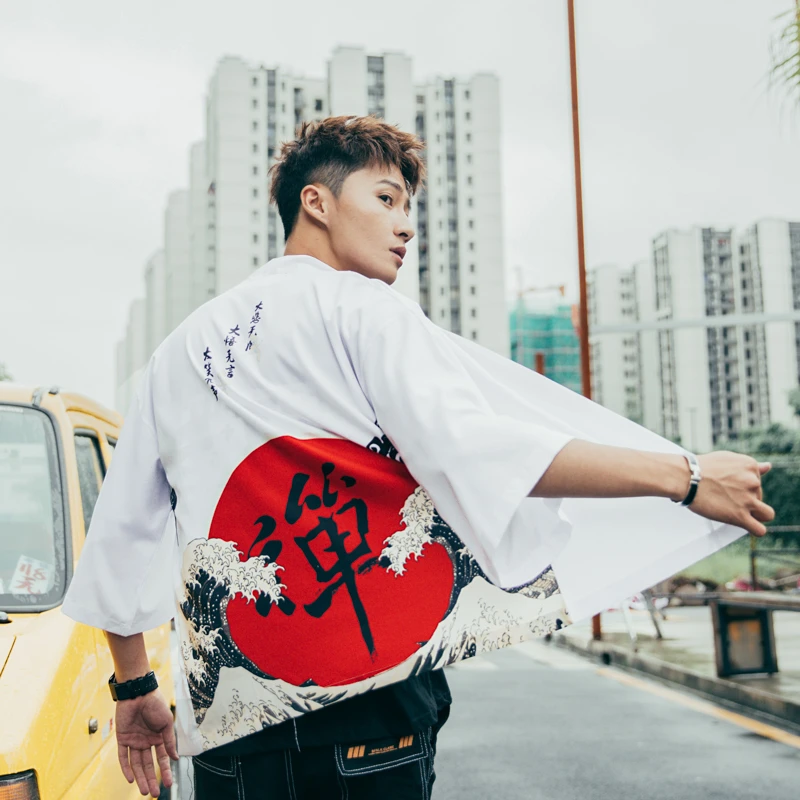 Bebovizi Casual Style Chinese Words Wave Print Cardigan Kimono Jacket Japanese Harajuku Women Men Streetwear Traditional Top