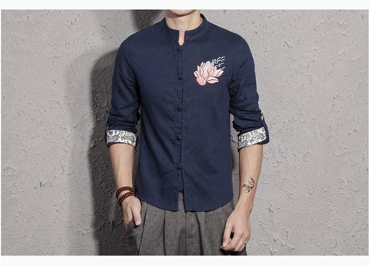 Zongke Китайский Лотос вышитые, льняные рубашки мужские модные мужские рубашки с длинным рукавом мужские льняные рубашки уличная XXXL 2019 осень