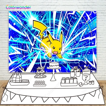 

Cartoon Pokemons Blue Photography Backdrops Customized Birthday Party Backgrounds For Baby Shower Cake Table Decorations Banner