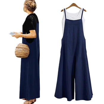 

Plus Size Solid Women Sleeveless Summer Loose Linen Suspender Overalls Jumpsuit