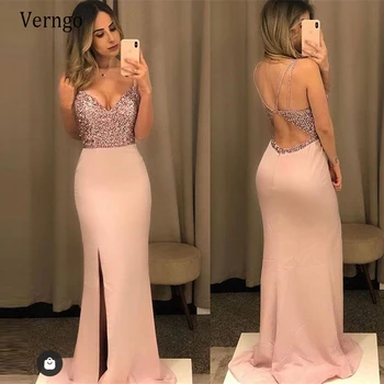 

Verngo Nude Pink Long Prom Dress Beads Sequin Spaghetti Straps Side Slit 2021 Prom Gowns Sexy Low Back Party Formal Dress