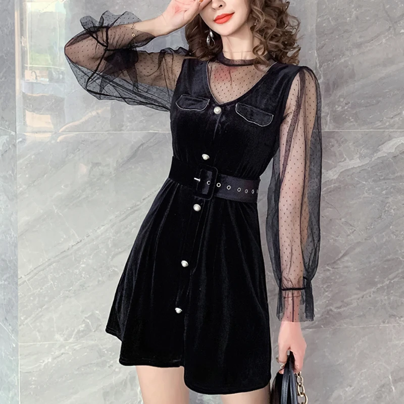 Золотое бархатное Сетчатое платье с длинными рукавами новое женское лямкой на