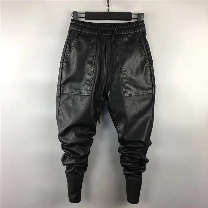 Idopy Men`s Winter Warm Faux Leather Harem Pants Elastic Waist Drawstring PU Joggings Trousers For Male