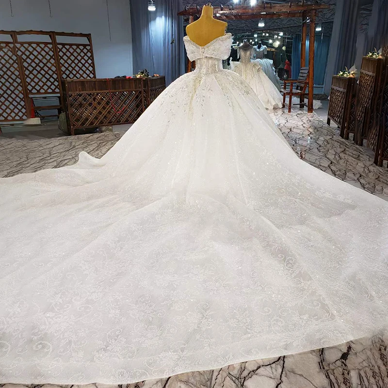 HTL1990 Elegant Extravagant Sequin Crystal Pearls Wedding Dress 2020 Sweetheart Short Sleeve Lace Up Back 2