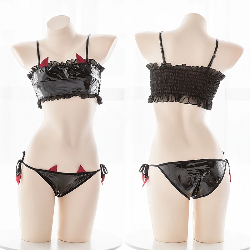 

Gothic Cute Little Devil Sexy Lolita Open Chest Camisole Set Chiffon Ruffle Underwear Set Female Patent leather Intimates Set
