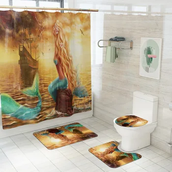 

2020 New Pattern Waterproof 3D Digital Mermaid Printing Shower Curtain Toilet Cover Bath Mat Non-Slip Rug Set