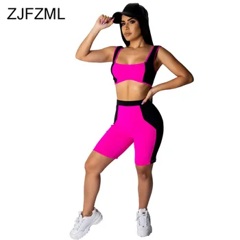 

Color Block Fitness 2 Piece Set Summer Clothes for Women Sleeveless Backless Crop Top + Bodycon Shorts Plus Size Matching Sets