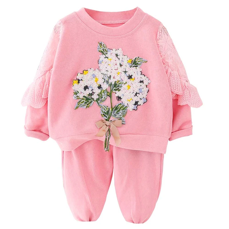 HYLKIDHUOSE/ г.; комплекты одежды для маленьких девочек; Красивая кружевная футболка с цветочным принтом; штаны; детская одежда для малышей; костюм для отпуска