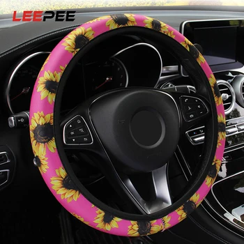 

LEEPEE Car Steering Wheel Cover Sunflower Floral Print Steering Covers Car Styling Auto Non Slip Stretchy Neoprene Universal