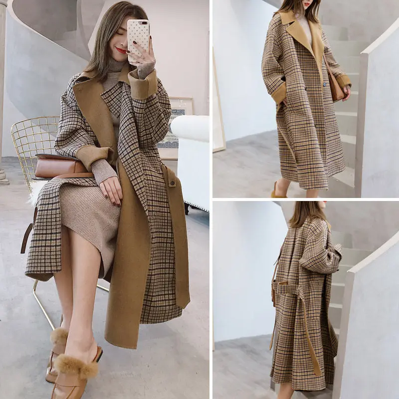 Goedkoop Pak Kraag Plaid Winter Wol Jas Dames Plus Size Chic Herfst Losse Lange Tweed Jas Mode Sjerpen Casaco Feminino f1416