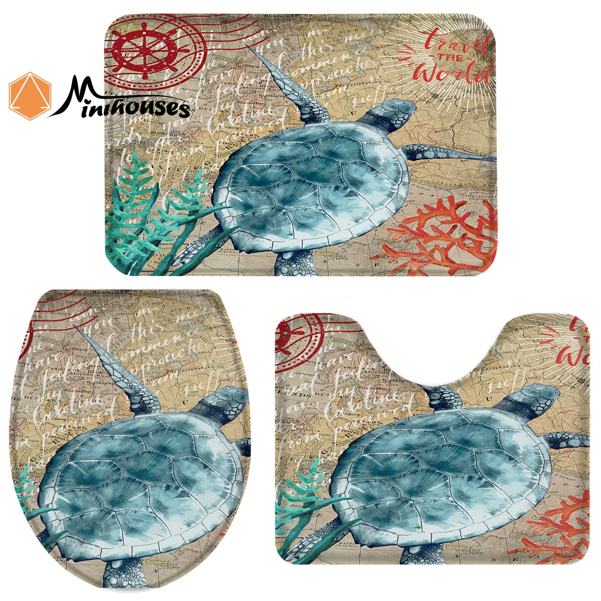 3 Pieces Bathroom Set Nautical Theme Sea Turtle Retro Map Durable Bath Toilet Cover Mat Pedestal Rug Non-Slip | Дом и сад