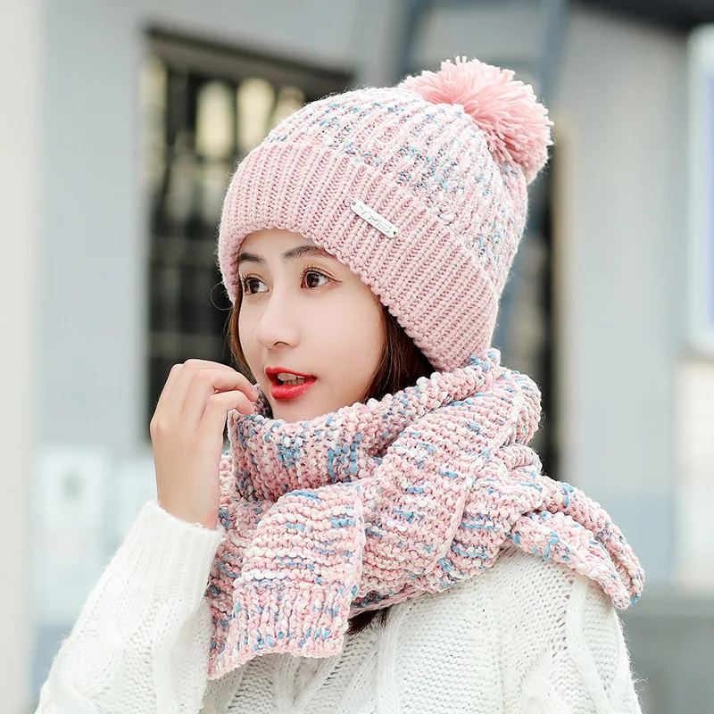 pink Новинка, вязаная зимняя шапка, шарф, набор, женские толстые хлопковые шапки-бини, шарф, комплект из 2 предметов, женские плюшевые шапки, зимние аксессуары, кепки для девочек - Цвет: pink