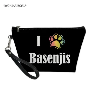 

Twoheartsgirl Basenji Small Women Cosmetic Makeup Case Bag Box Waterproof Storage Bag Zipper Hand Bag Leather Storage Pouch