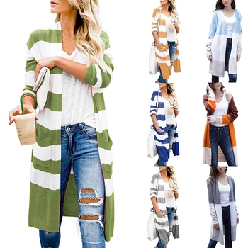 

NIBESSER Women Stripe Sweater Cardigan Autumn Women Fashion Stripe Long Coat Patchwork Knitted Cardigan Women casaco feminino