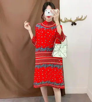 

Miyake Pleated Dress Autumn New Pleated Large Size Women's Slim Red Festive Dress