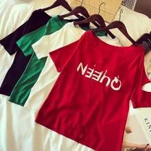 Футболка Для женщин Слэш шеи с принтом букв рваная футболка с коротким рукавом красные футболки с круглым вырезом отверстия летние Повседневное женские футболки футболка