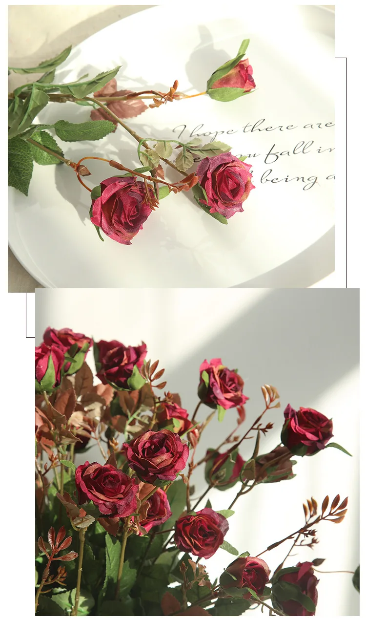 High Quality Three-Headed Rose Simulation Rose Fake Flower Home Furnishings Wedding Bouquets Christmas Decoration QW188 (9)