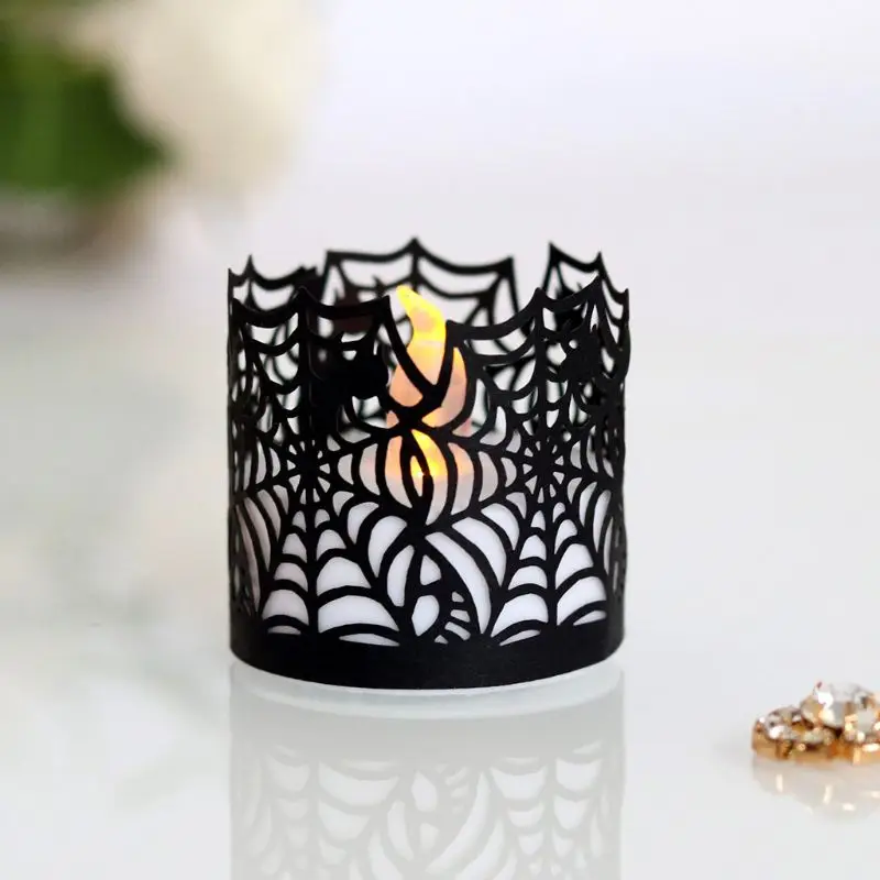 50Pcs Halloween Spider Web Paper Laser Cut Hollow Flameless Tea Light Candle Lampshade Holder Wedding Party Home Decor